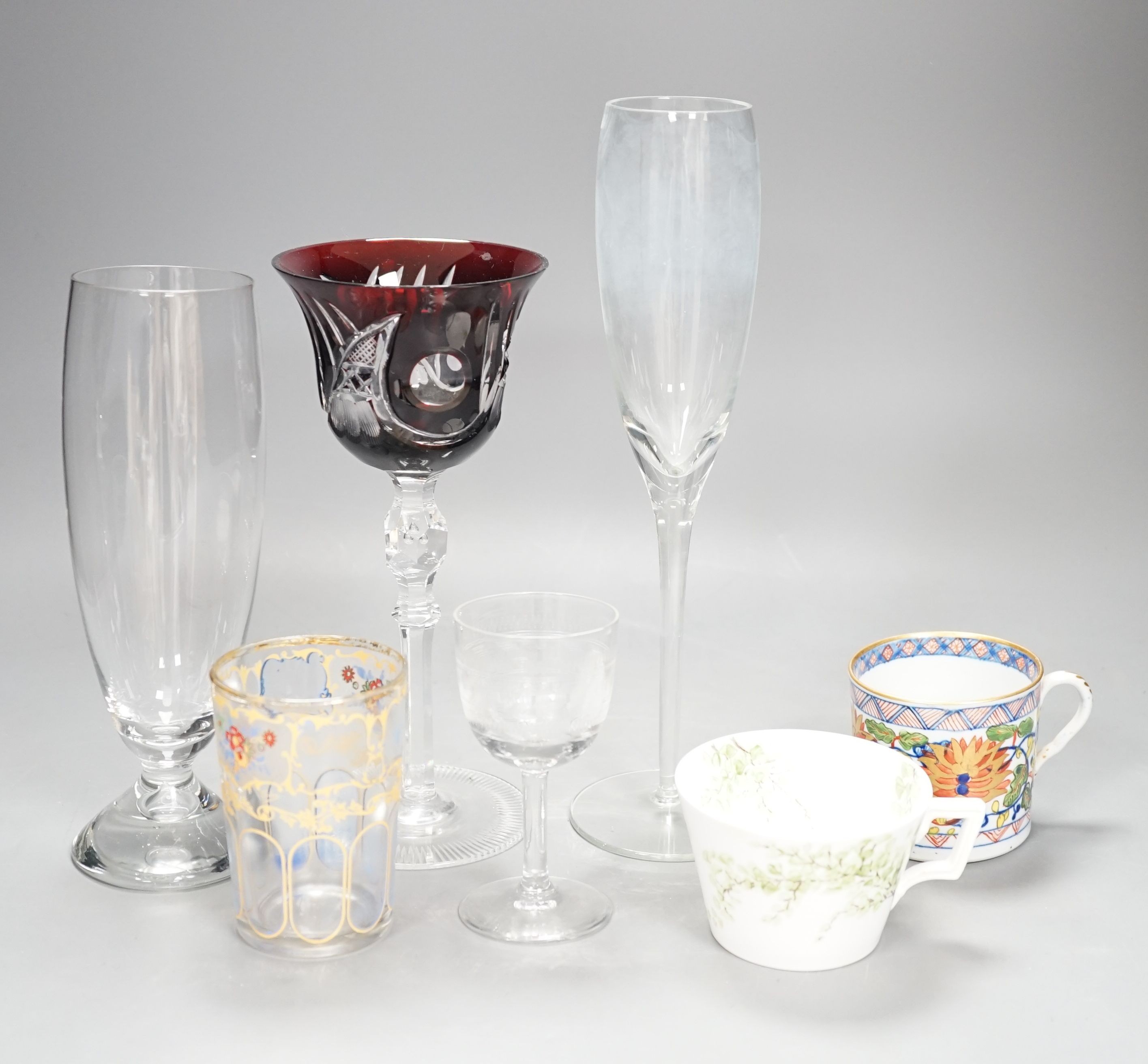 Three ruby overlaid wine glasses, a set of champagne glasses, a meat platter etc
